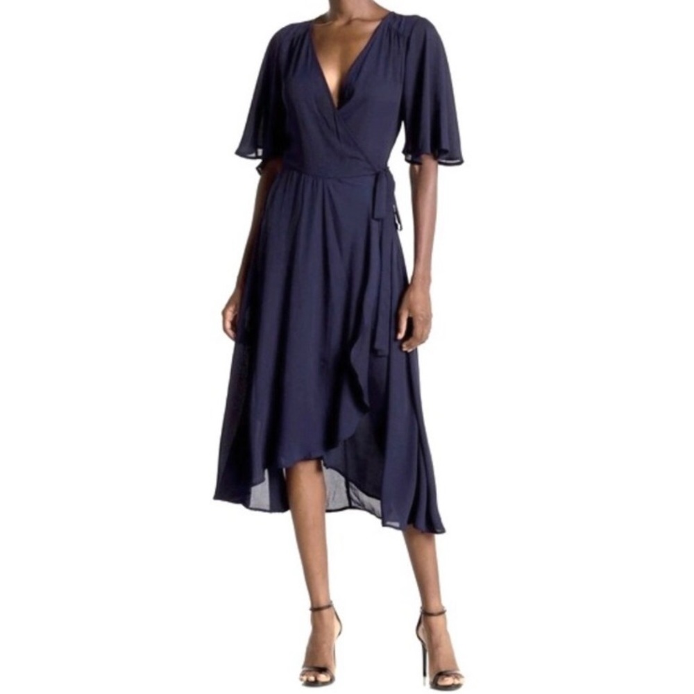 Bobeau Navy Blue Fit & Flare Midi Wrap Dress